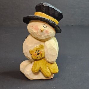 Snowman Holding Teddy Bear Resin Christmas Figurine Faux Wood 5.25" Farmhouse